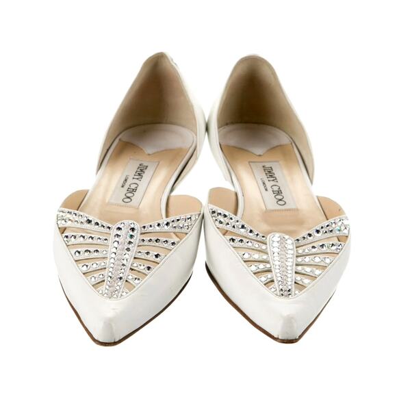 Jimmy Choo 6 Rhinestone Crystal Leather Flats Shoes Pointed Toe Shoe Ivory White - Picture 1 of 7